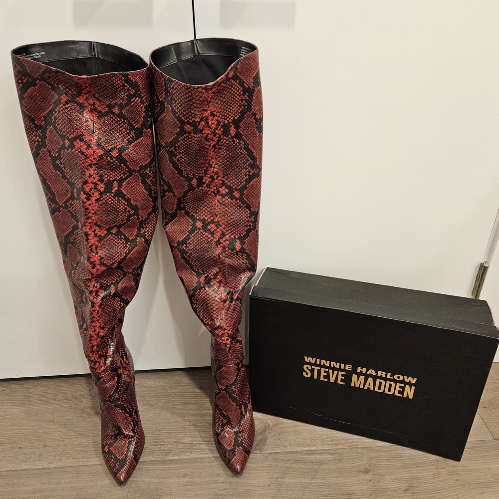 Steve Madden Red Over-the-Knee Boots with Snakeskin Texture